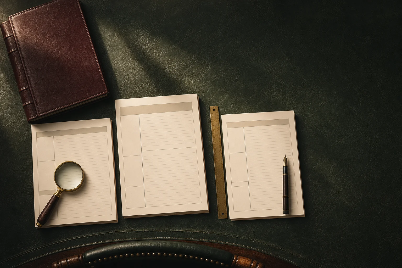 Evidence-first research desk with three paper folios, an oxblood ledger and brass tools