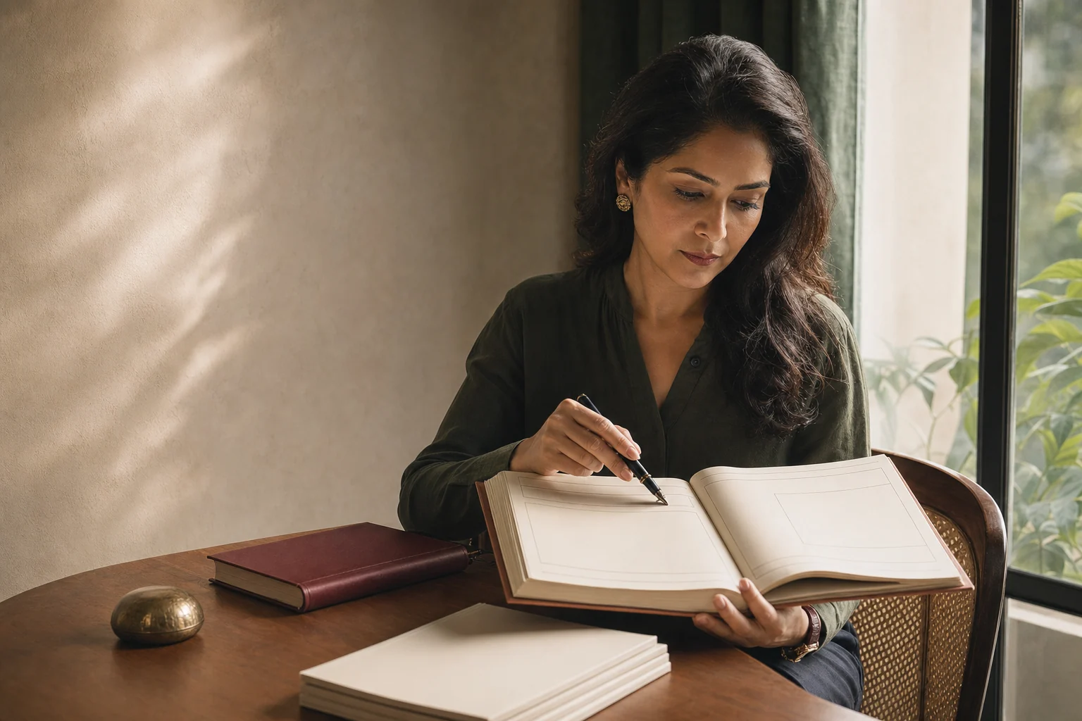 Indian equity researcher reviewing a printed company report in a quiet study